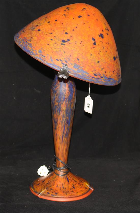 A French Daum style coloured glass mushroom form table lamp